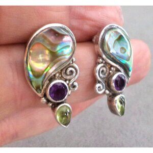 Vintage SAJEN Multi-Gemstone STERLING Silver EARRINGS Amethyst Peridot MOP 1"